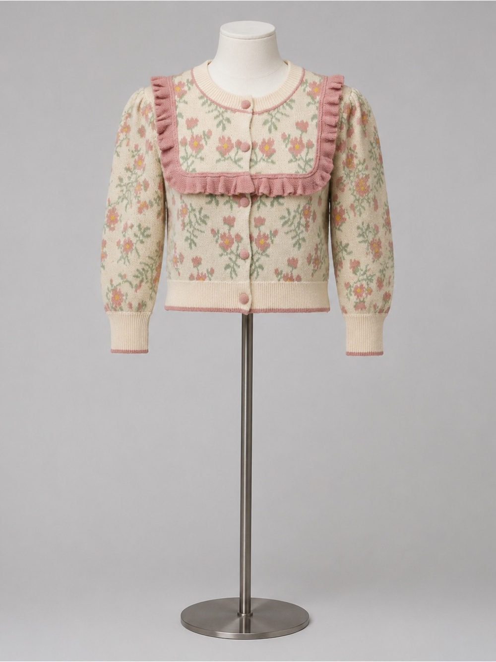 So Me L Pink Floral Ruffle Cardigan Coquette Cottagecore Puff Sleeve Sweater - Picture 3 of 15